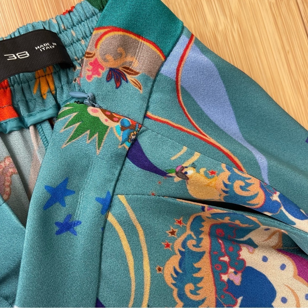 ETRO turquoise satin silk wide leg pants with colourful patterns size 38 XS - Picture 8 of 8